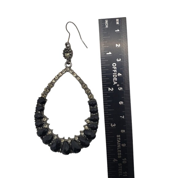 Large Gunmetal Gray Black White Rhinestone Teardrop Hook Dangle Pierced Earrings - Picture 5 of 10